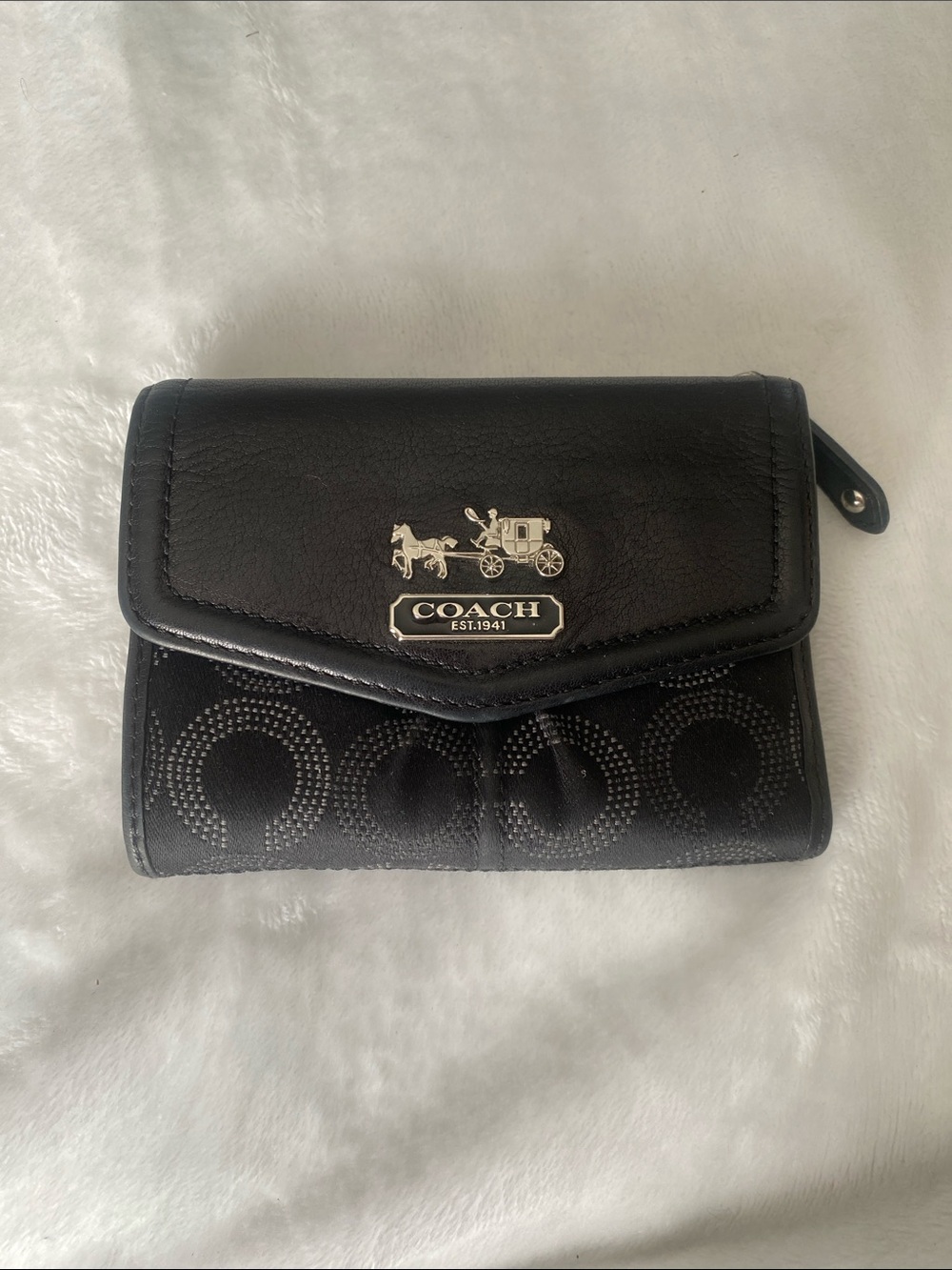 Coach Black Signature Compact Trifold Wallet with Silver Logo